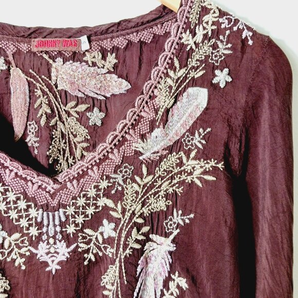 Johnny Was, Burgundy Brown Embroidered Boho Chic Top, Lt. Wt., Semi-Sheer, Small - Picture 7 of 16